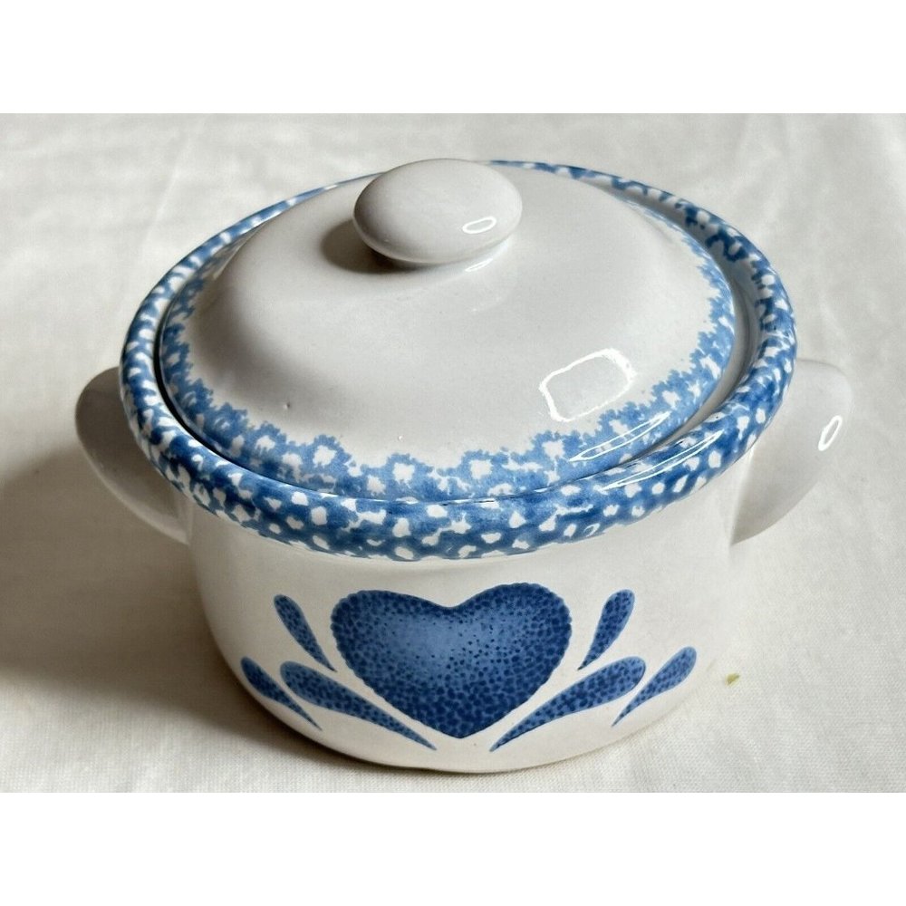 Vintage Light Blue Ceramic Country Heart Lidded Crocks 5" x 3" Sugar Soup Bowl